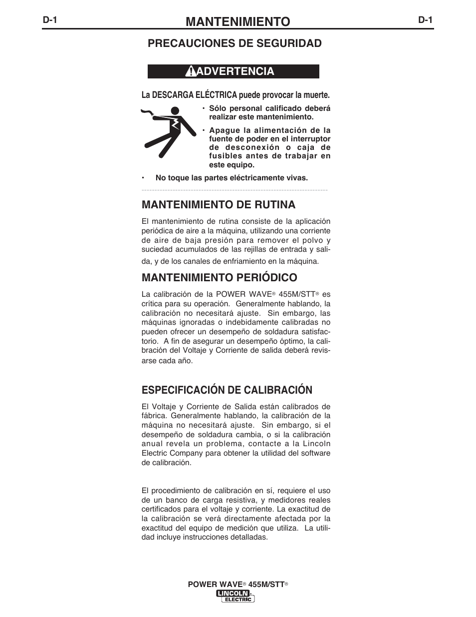 Mantenimiento, Precauciones de seguridad, Mantenimiento de rutina | Mantenimiento periódico, Especificación de calibración, Advertencia | Lincoln Electric IM771 POWER WAVE 455M_STT User Manual | Page 29 / 43