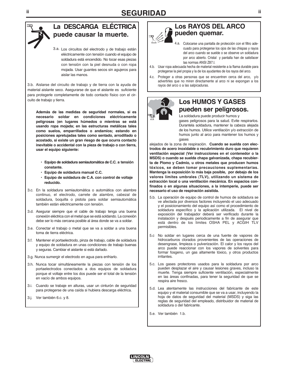 Seguridad, Los rayos del arco pueden quemar, La descarga eléctrica puede causar la muerte | Los humos y gases pueden ser peligrosos | Lincoln Electric IM771 POWER WAVE 455M_STT User Manual | Page 3 / 43