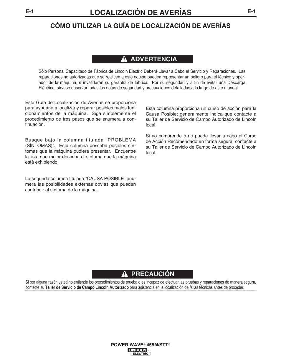 Localización de averías, Precaución, Cómo utilizar la guía de localización de averías | Advertencia | Lincoln Electric IM771 POWER WAVE 455M_STT User Manual | Page 30 / 43