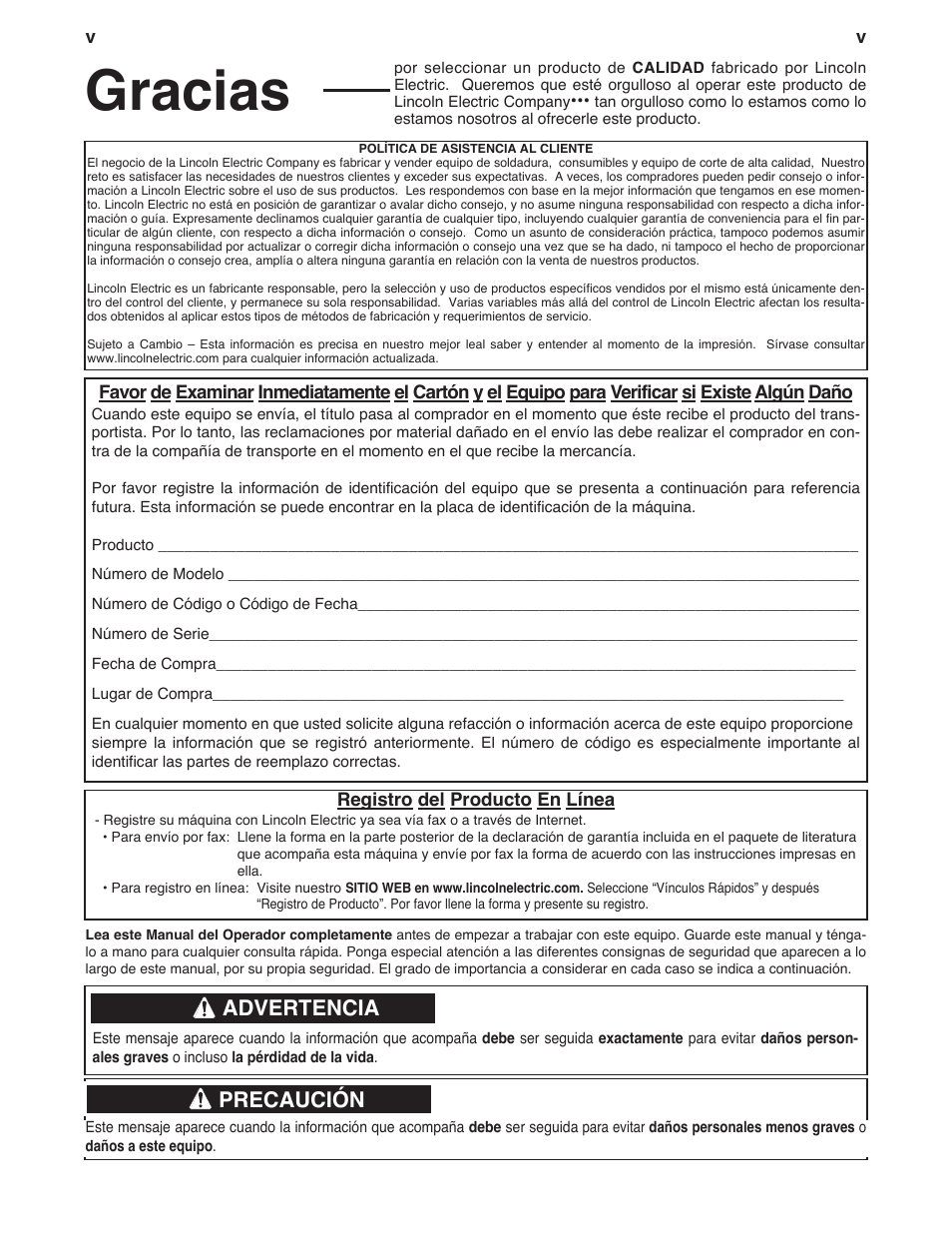 Gracias, Advertencia, Precaución | Lincoln Electric IM771 POWER WAVE 455M_STT User Manual | Page 6 / 43
