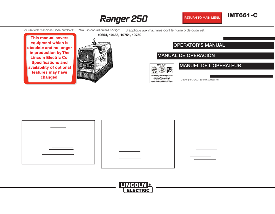 Lincoln Electric IMt661 RANGER 250 User Manual | 68 pages