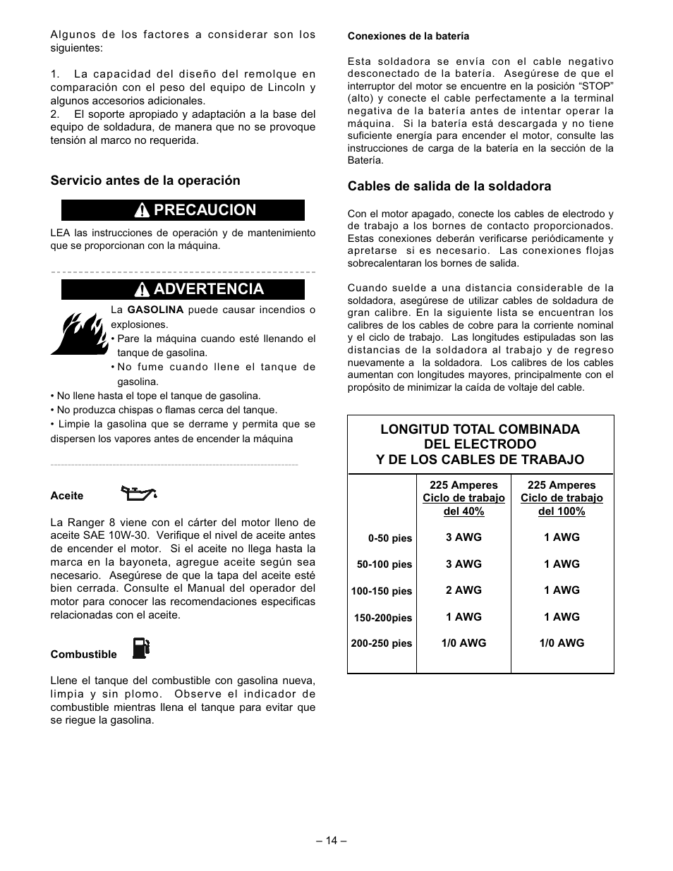 Precaucion, Advertencia | Lincoln Electric IM510 RANGER 8 User Manual | Page 16 / 40