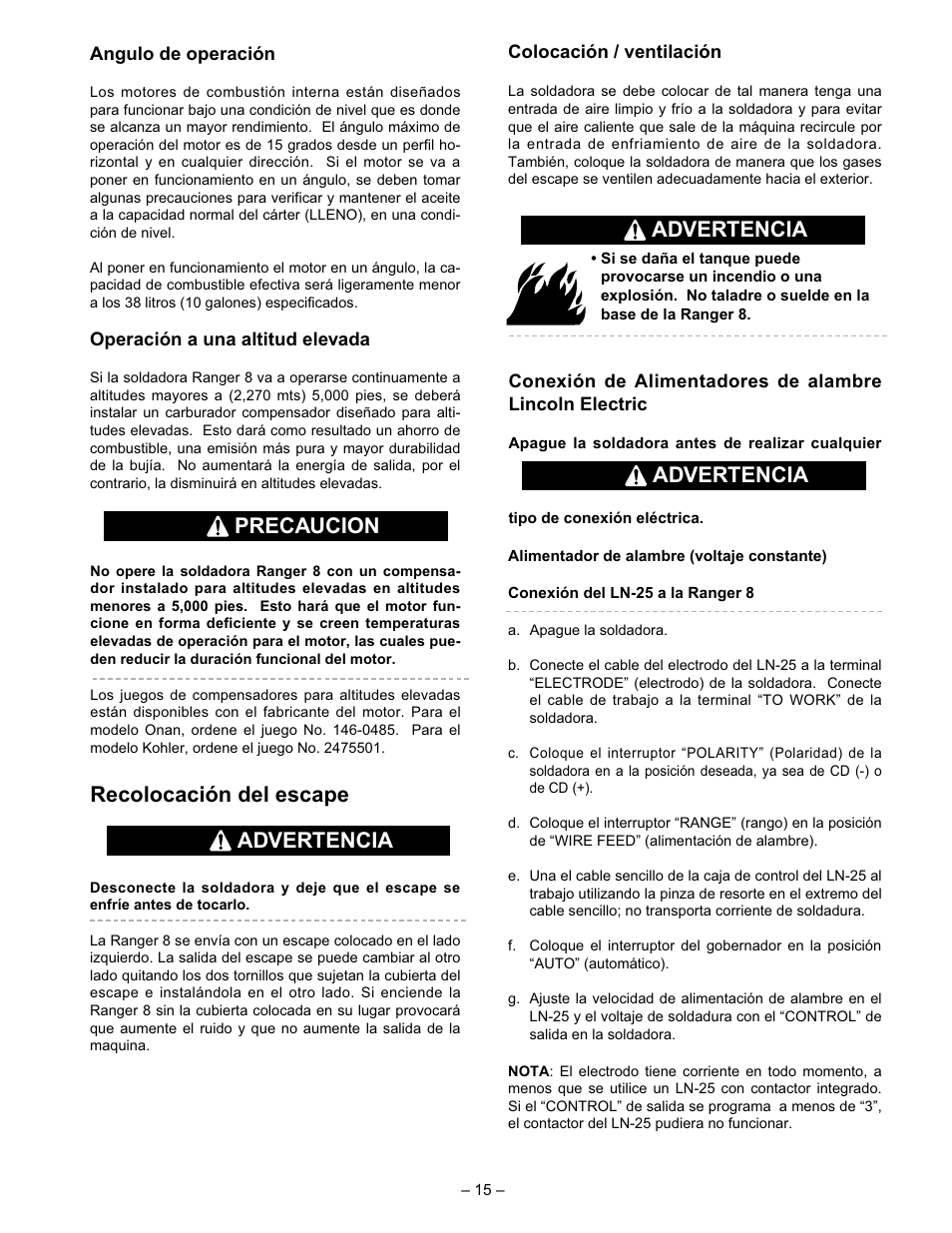 Recolocación del escape, Precaucion advertencia, Advertencia | Lincoln Electric IM510 RANGER 8 User Manual | Page 17 / 40