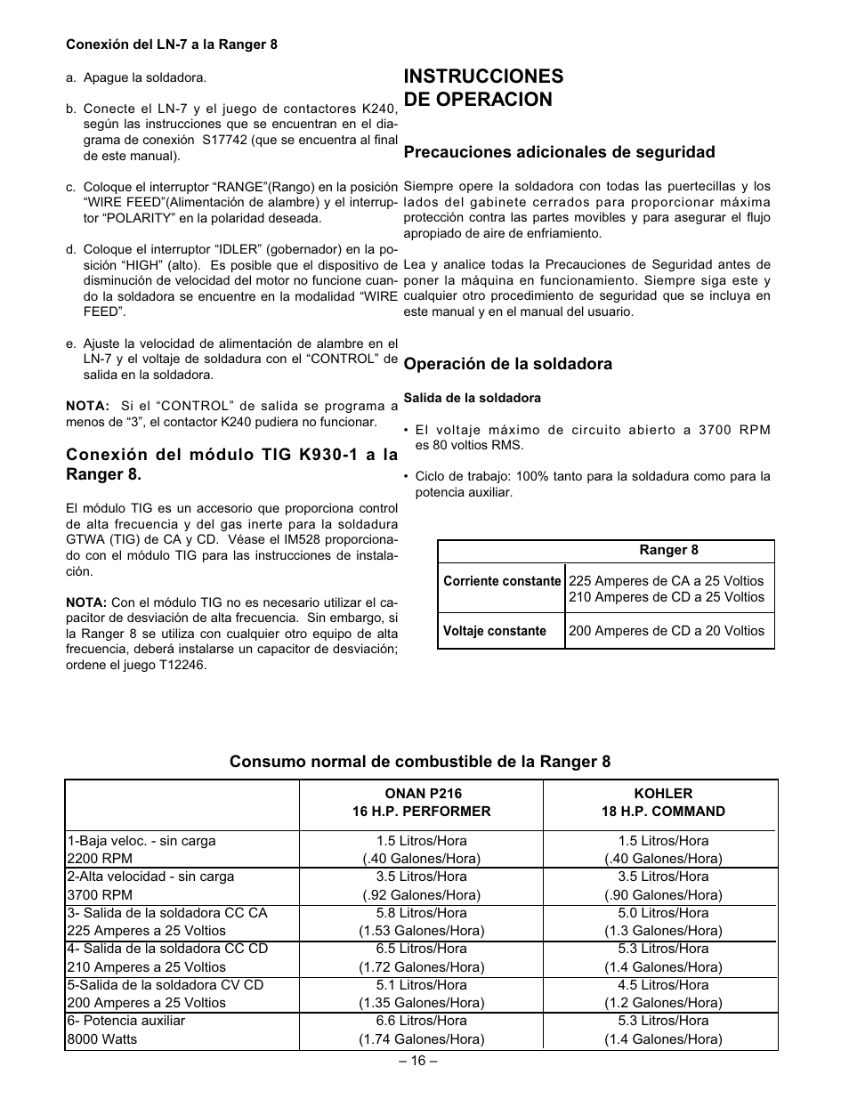 Instrucciones de operacion | Lincoln Electric IM510 RANGER 8 User Manual | Page 18 / 40