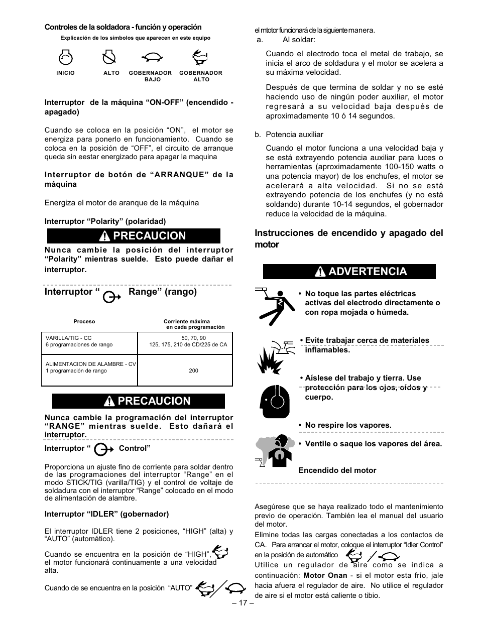 Precaucion, Advertencia, Interruptor “ range” (rango) | Instrucciones de encendido y apagado del motor | Lincoln Electric IM510 RANGER 8 User Manual | Page 19 / 40