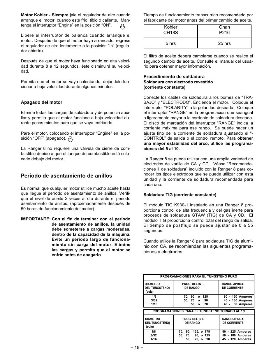 Período de asentamiento de anillos | Lincoln Electric IM510 RANGER 8 User Manual | Page 20 / 40