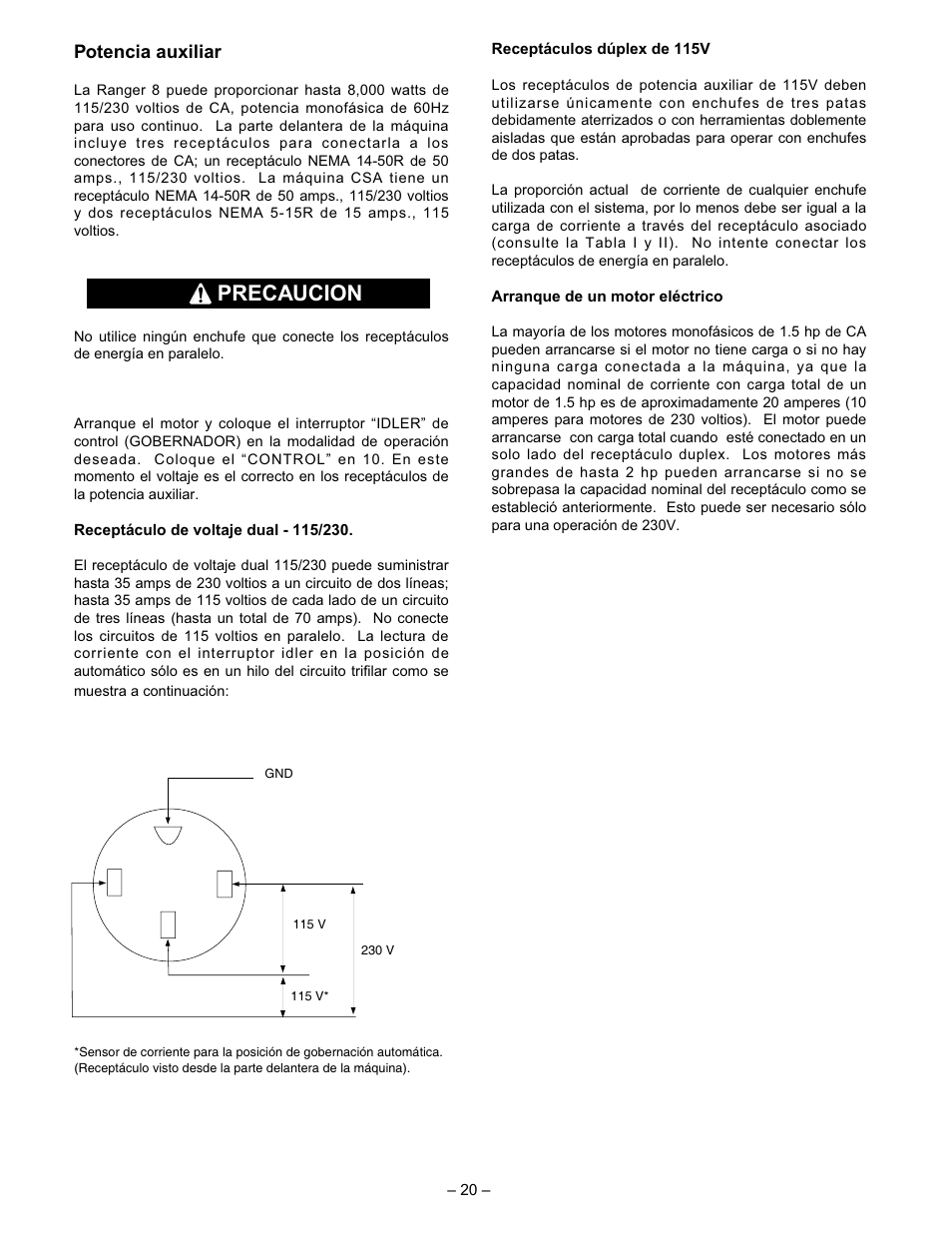 Precaucion, Potencia auxiliar | Lincoln Electric IM510 RANGER 8 User Manual | Page 22 / 40