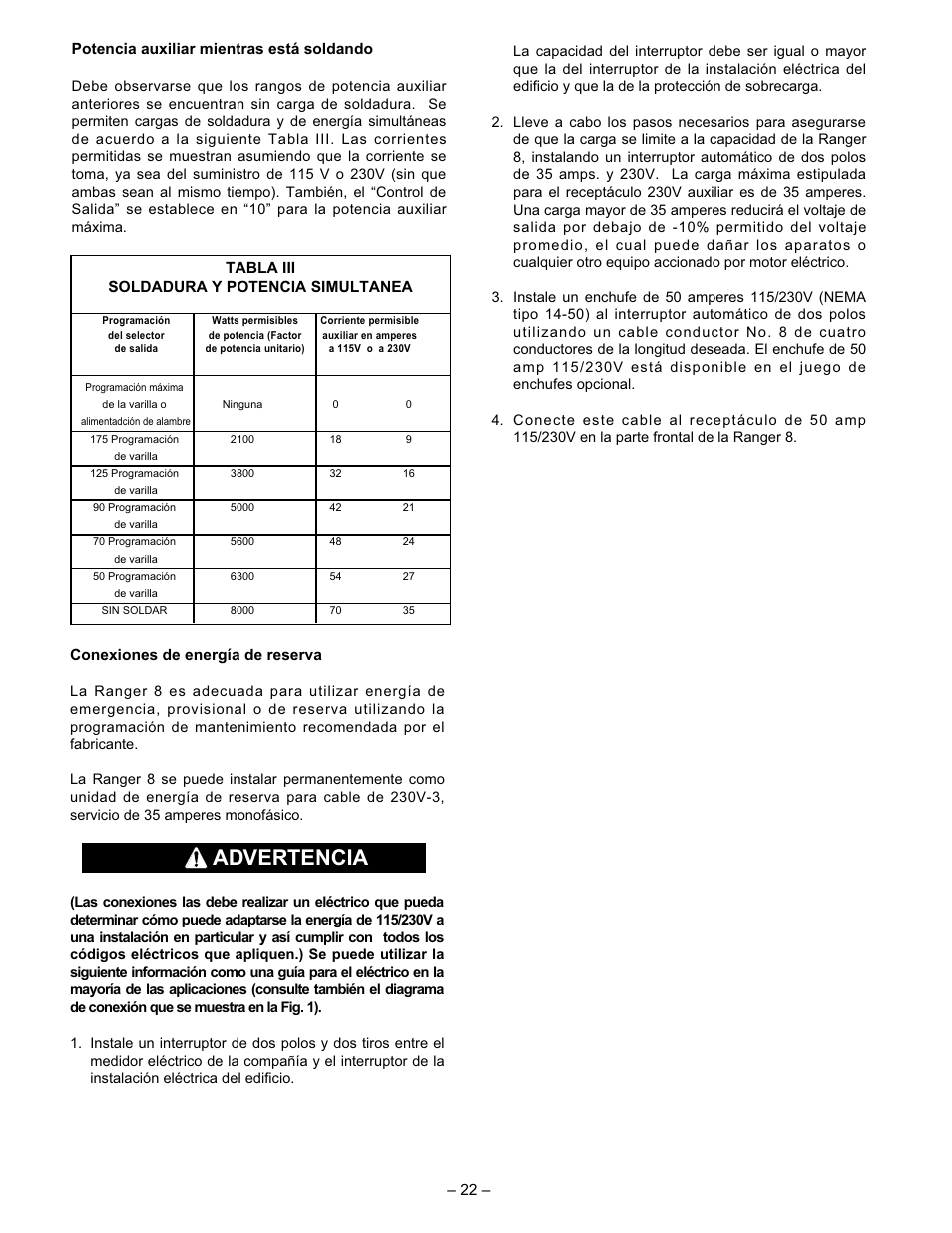 Advertencia, 22 – conexiones de energía de reserva, Potencia auxiliar mientras está soldando | Tabla iii soldadura y potencia simultanea | Lincoln Electric IM510 RANGER 8 User Manual | Page 24 / 40