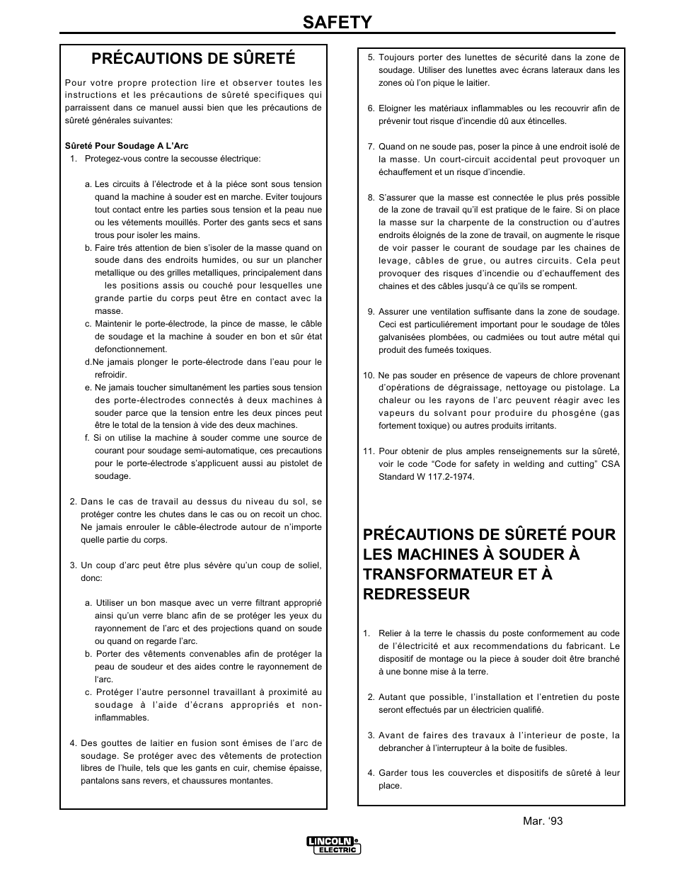 Safety, Précautions de sûreté | Lincoln Electric IM510 RANGER 8 User Manual | Page 5 / 40