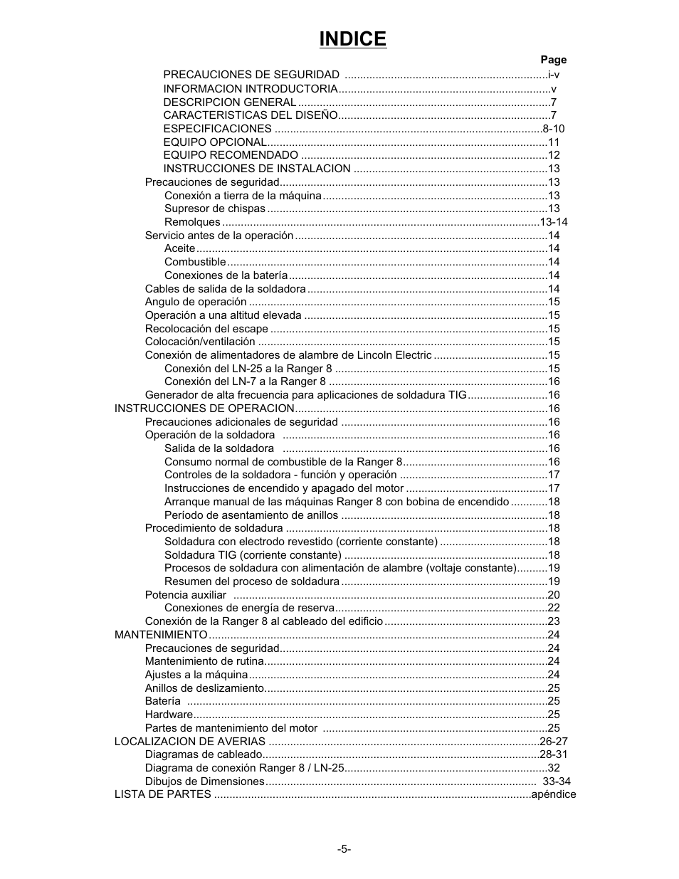 Indice | Lincoln Electric IM510 RANGER 8 User Manual | Page 7 / 40