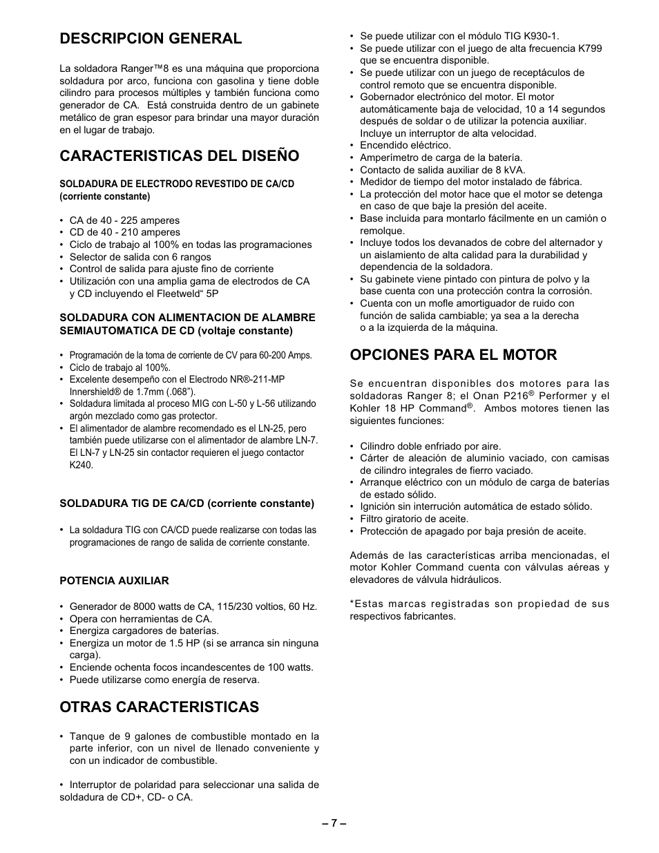 Descripcion general, Caracteristicas del diseño, Otras caracteristicas | Opciones para el motor | Lincoln Electric IM510 RANGER 8 User Manual | Page 9 / 40