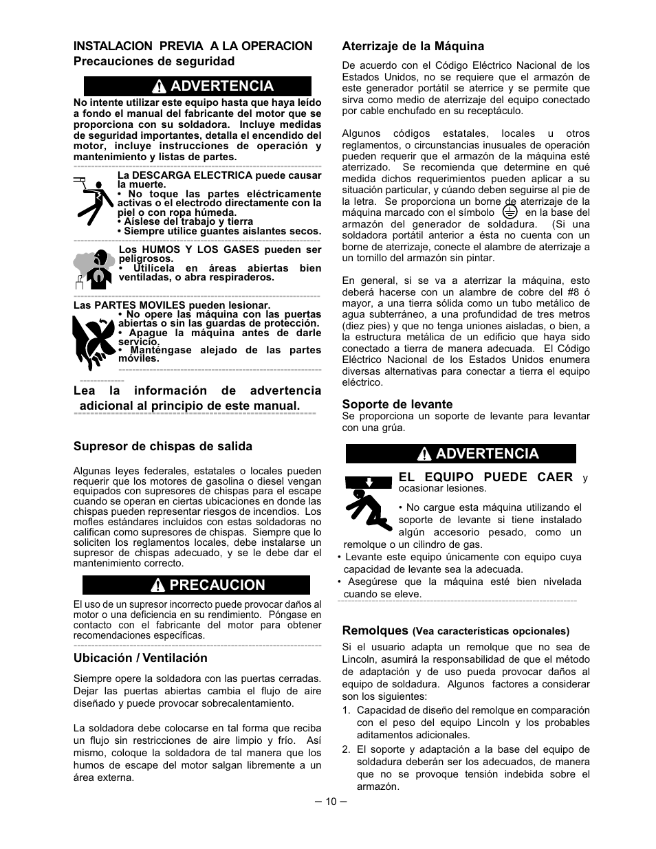 Advertencia precaucion, Advertencia | Lincoln Electric IM518 SA 250 PERKINS User Manual | Page 11 / 39