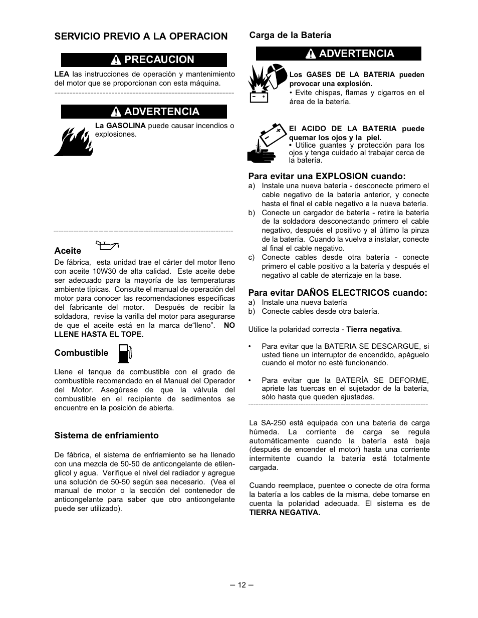 Advertencia precaucion, Advertencia, Servicio previo a la operacion | Lincoln Electric IM518 SA 250 PERKINS User Manual | Page 13 / 39