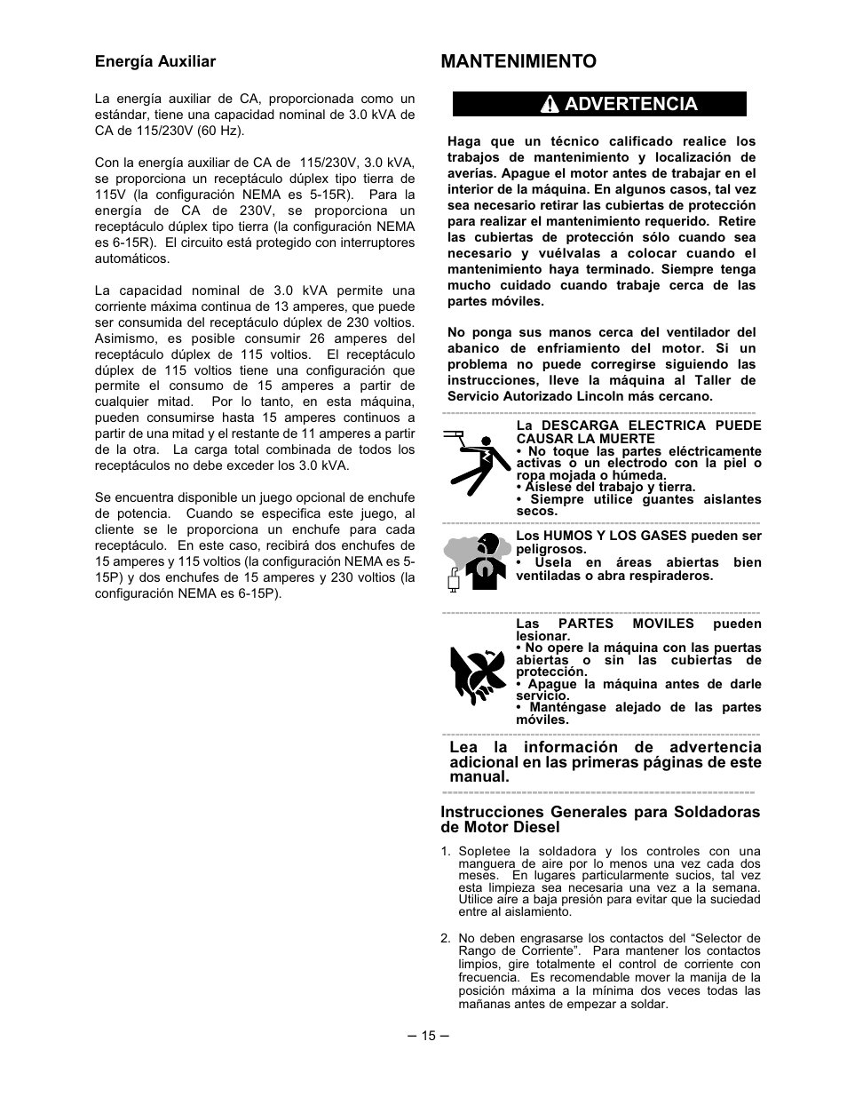 Mantenimiento, Advertencia | Lincoln Electric IM518 SA 250 PERKINS User Manual | Page 16 / 39