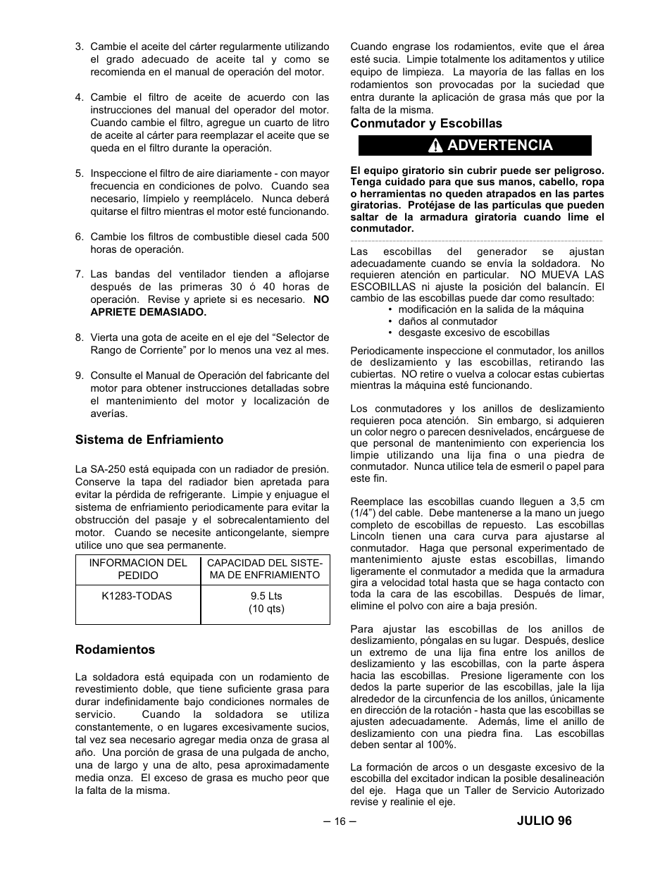 Advertencia | Lincoln Electric IM518 SA 250 PERKINS User Manual | Page 17 / 39