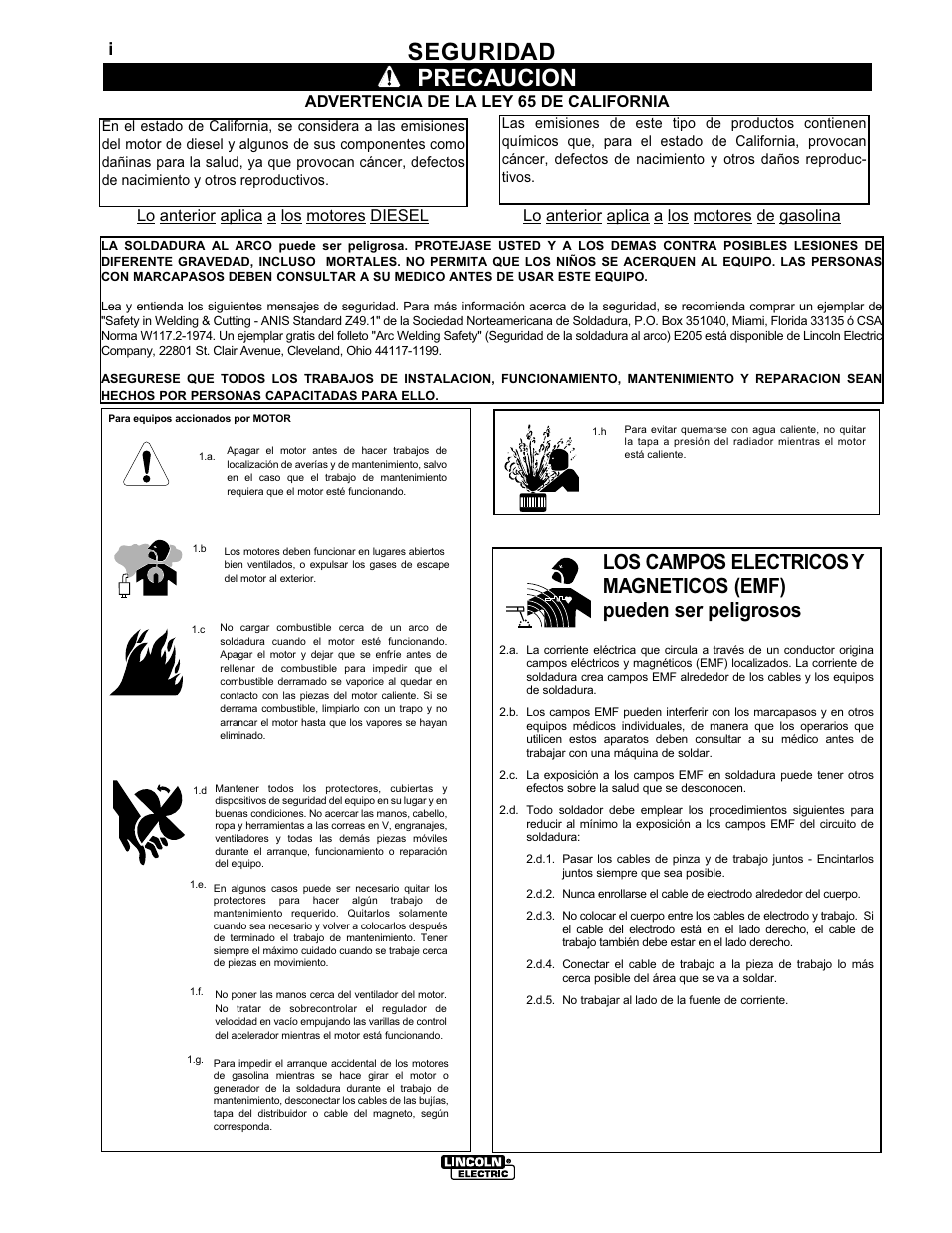 Seguridad, Precaucion | Lincoln Electric IM518 SA 250 PERKINS User Manual | Page 2 / 39