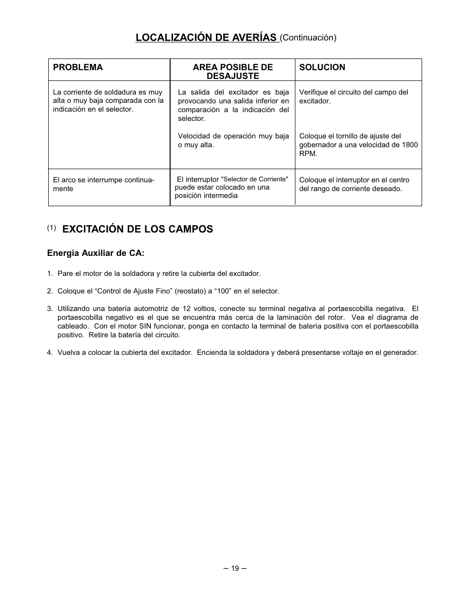 Localización de averías, Excitación de los campos | Lincoln Electric IM518 SA 250 PERKINS User Manual | Page 20 / 39