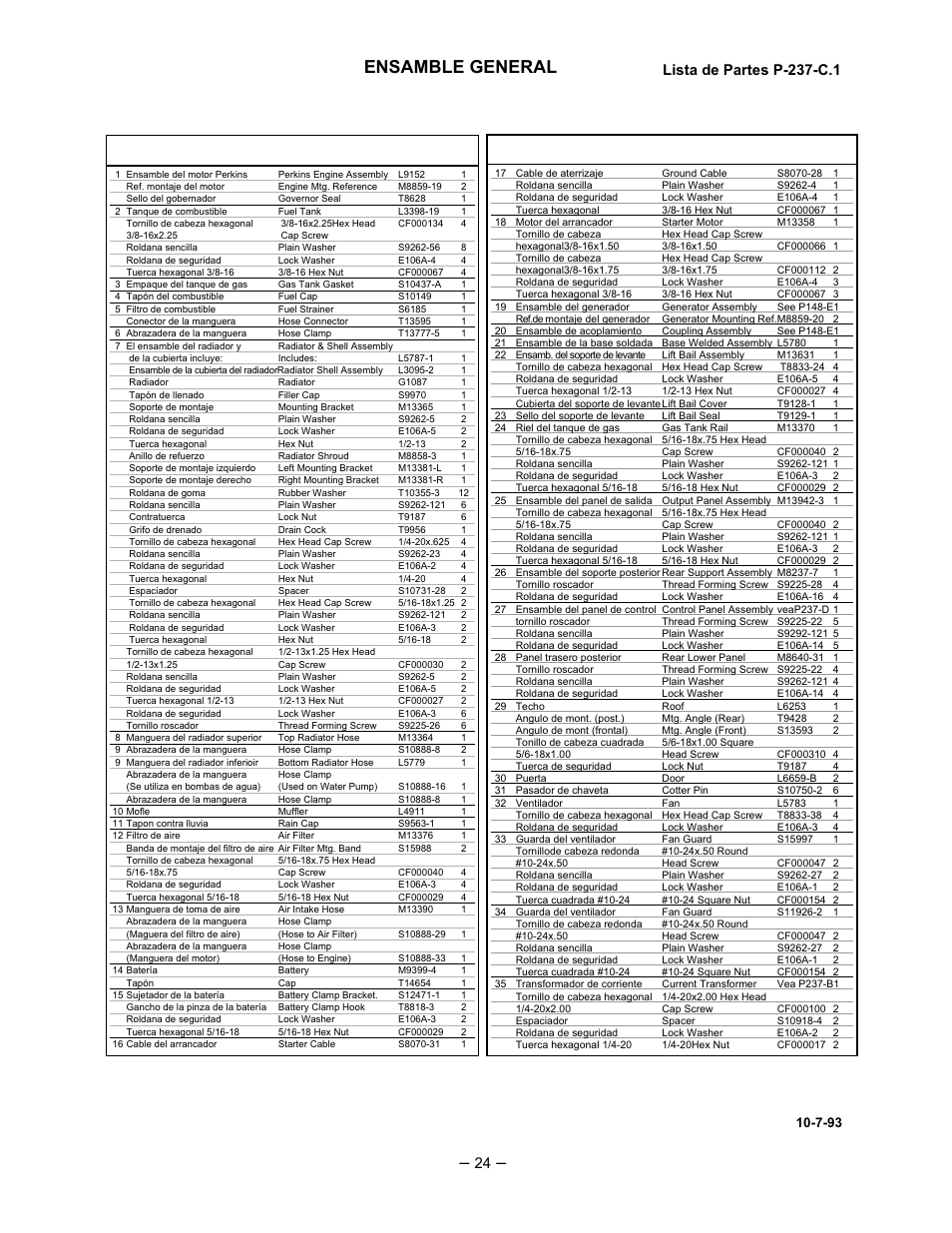 Ensamble general, Lista de partes p-237-c.1 | Lincoln Electric IM518 SA 250 PERKINS User Manual | Page 25 / 39