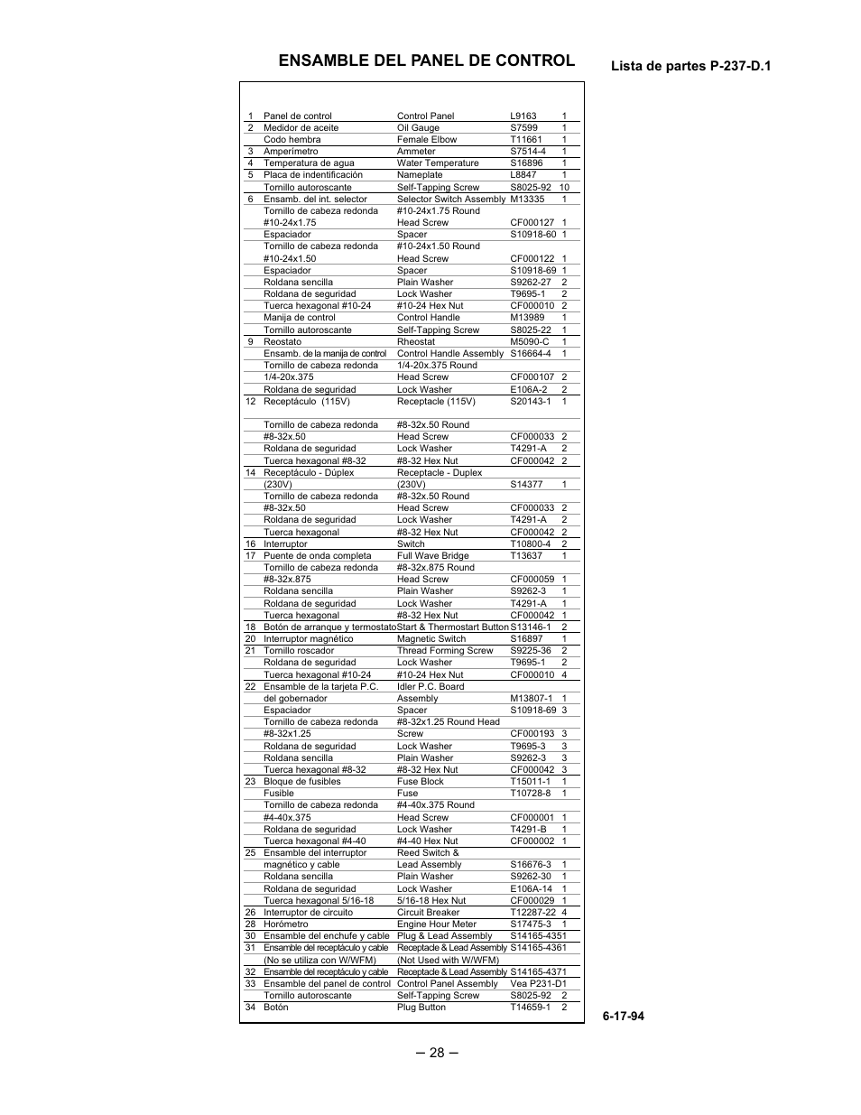 Ensamble del panel de control, Lista de partes p-237-d.1 | Lincoln Electric IM518 SA 250 PERKINS User Manual | Page 29 / 39