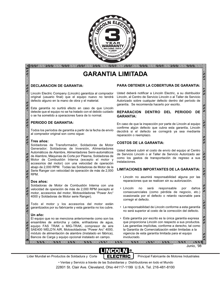 Garantia limitada | Lincoln Electric IM518 SA 250 PERKINS User Manual | Page 39 / 39