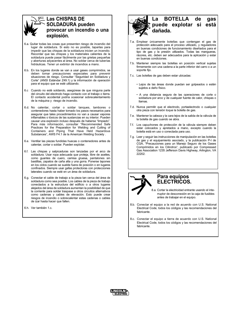 La botella de gas puede explotar si está dañada, Para equipos electricos | Lincoln Electric IM518 SA 250 PERKINS User Manual | Page 4 / 39