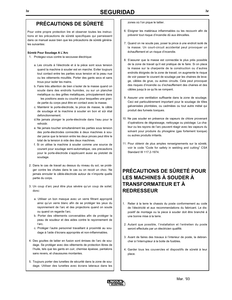 Seguridad, Précautions de sûreté | Lincoln Electric IM518 SA 250 PERKINS User Manual | Page 5 / 39