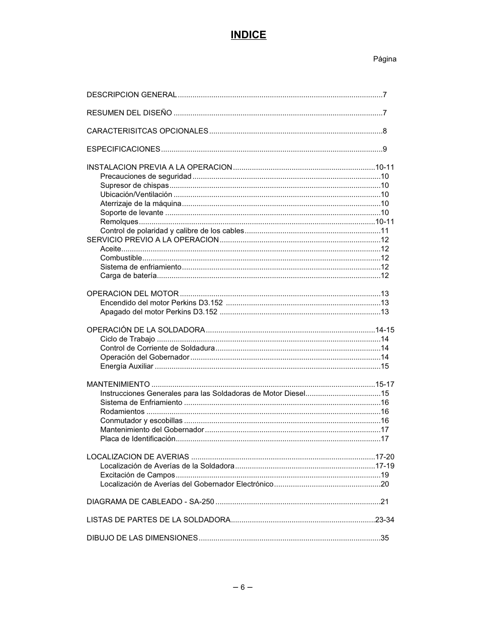 Indice | Lincoln Electric IM518 SA 250 PERKINS User Manual | Page 7 / 39