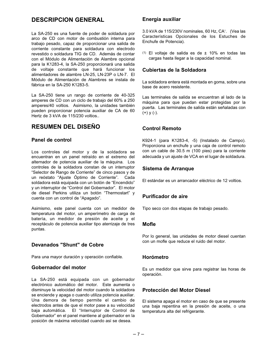 Descripcion general, Resumen del diseño | Lincoln Electric IM518 SA 250 PERKINS User Manual | Page 8 / 39