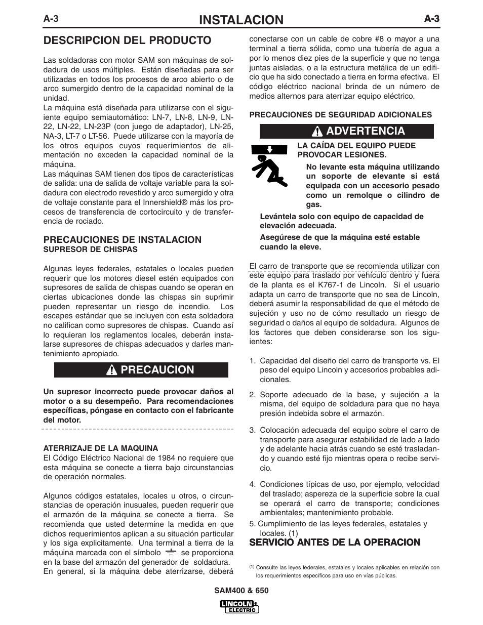 Instalacion, Descripcion del producto, Advertencia | Lincoln Electric IM568 SAM-650 PERKINS DIESEL User Manual | Page 10 / 42