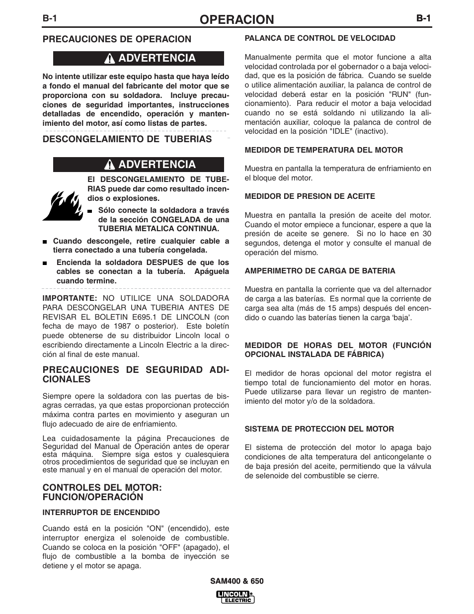 Operacion, Advertencia | Lincoln Electric IM568 SAM-650 PERKINS DIESEL User Manual | Page 12 / 42