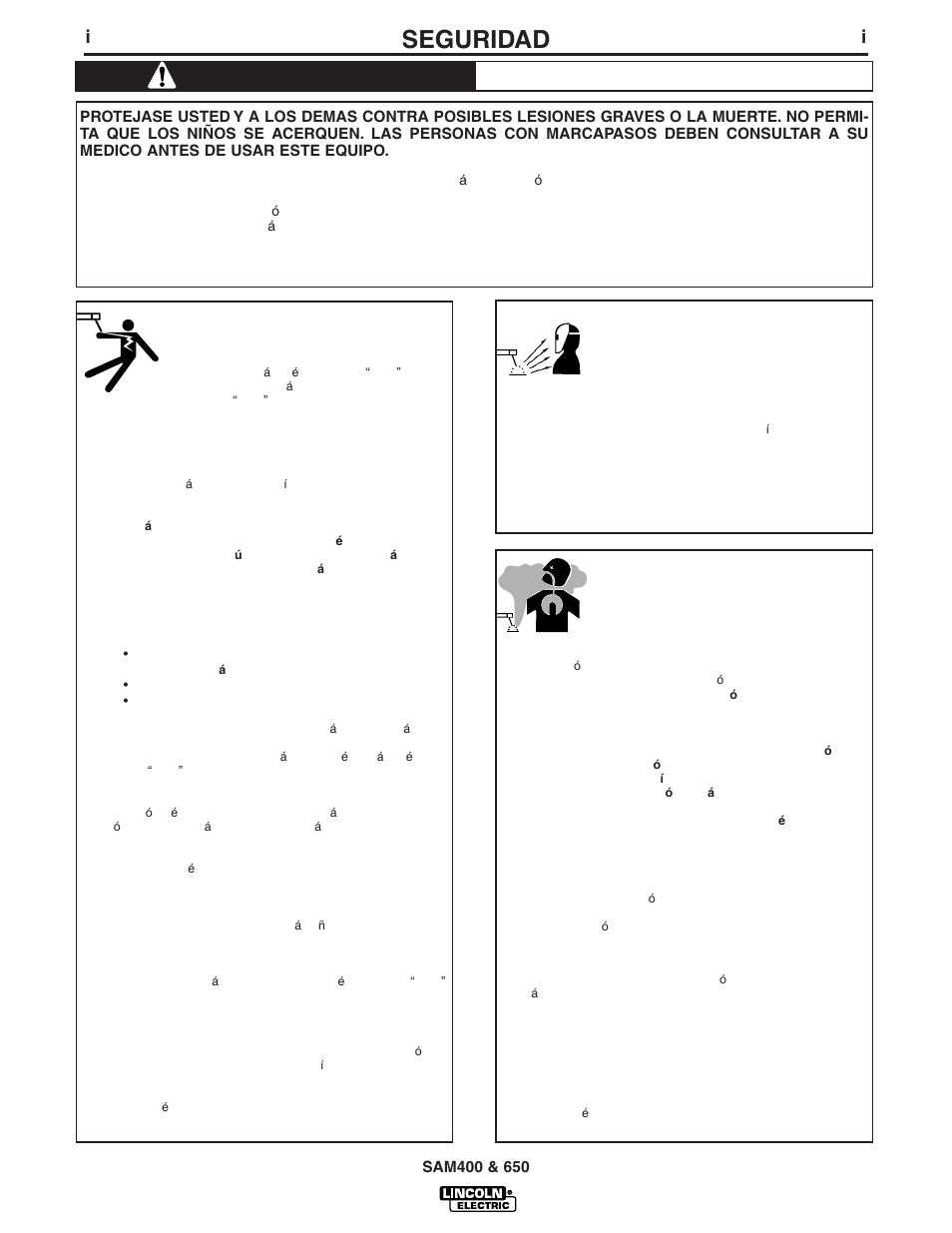 Advertencia, Seguridad, Los rayos del arco pueden quemar | El electrochoque puede causar la muerte, Los humos y gases pueden ser peligrosos | Lincoln Electric IM568 SAM-650 PERKINS DIESEL User Manual | Page 2 / 42