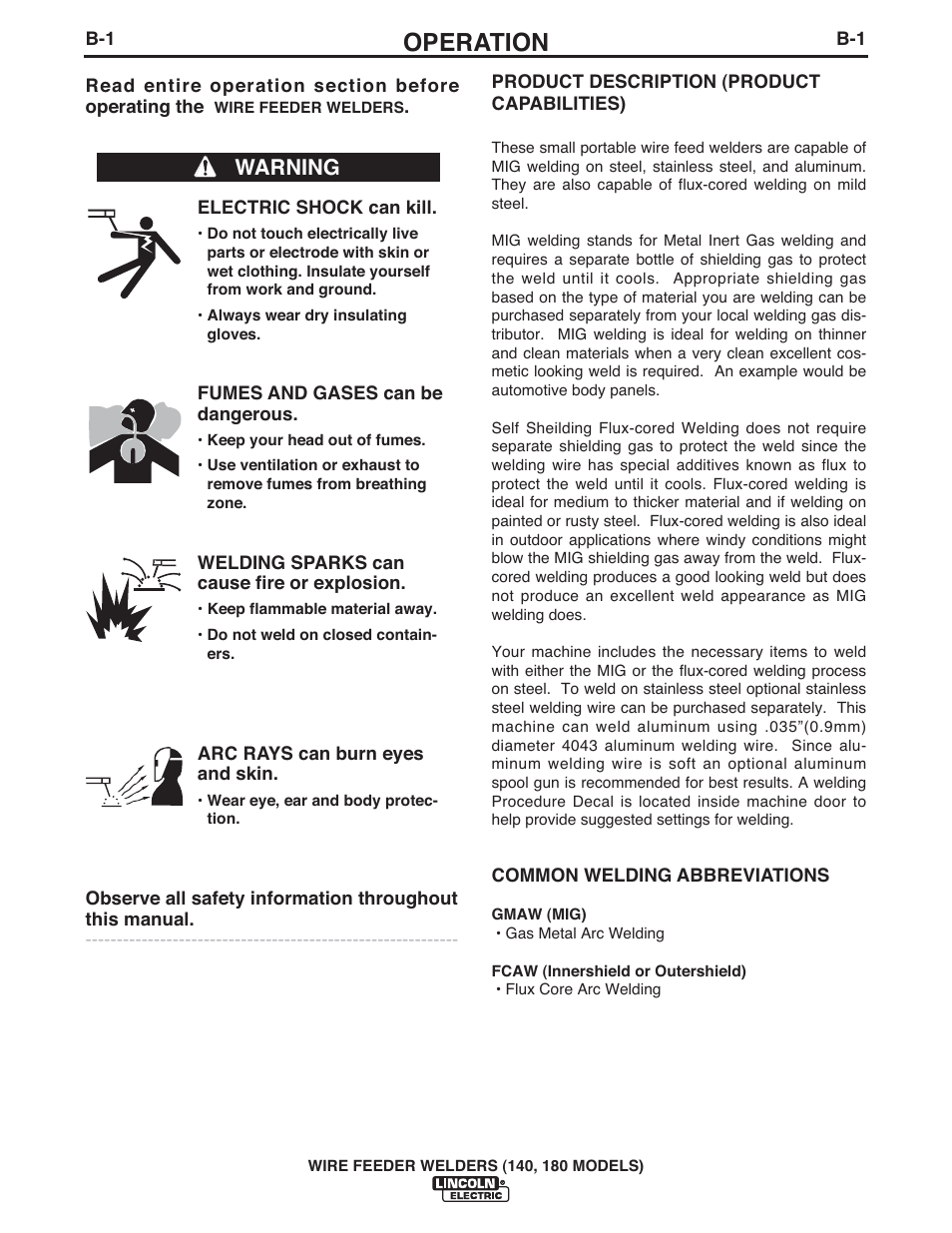 Operation, Warning | Lincoln Electric IMt10100 WIRE FEEDER WELDER 140_180 User Manual | Page 10 / 96