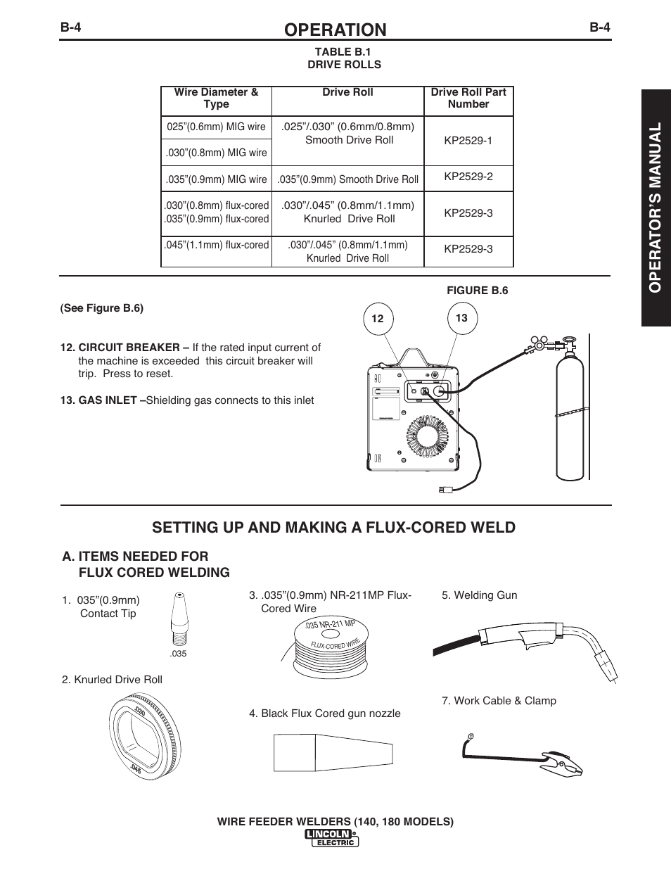 Operation, Setting up and making a flux-cored weld, Opera t orʼs manual | Lincoln Electric IMt10100 WIRE FEEDER WELDER 140_180 User Manual | Page 13 / 96