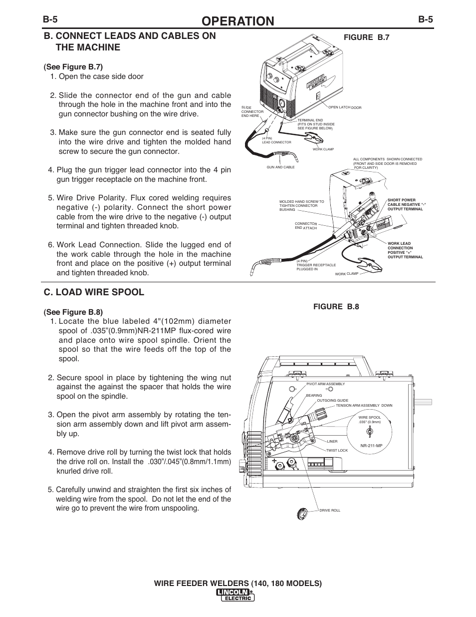 Operation, B. connect leads and cables on the machine, C. load wire spool | Lincoln Electric IMt10100 WIRE FEEDER WELDER 140_180 User Manual | Page 14 / 96