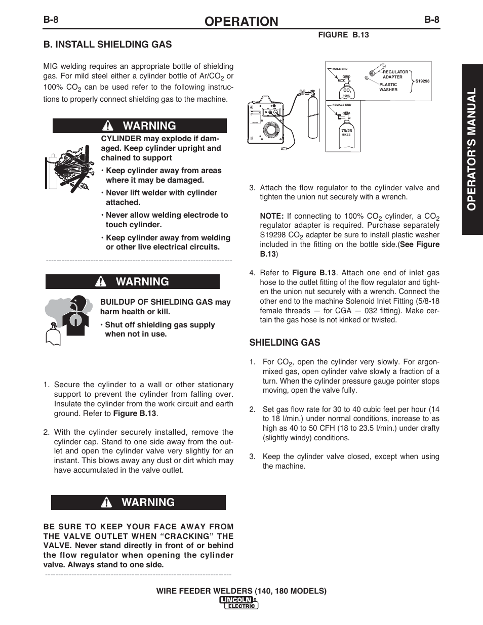 Operation, Warning, Opera t orʼs manual | B. install shielding gas, Shielding gas | Lincoln Electric IMt10100 WIRE FEEDER WELDER 140_180 User Manual | Page 17 / 96