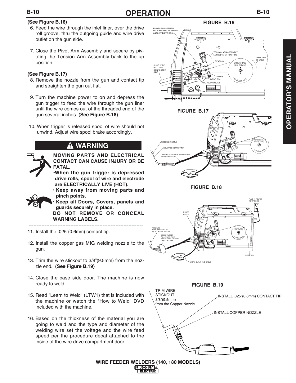 Operation, Warning opera t orʼs manual, B-10 | Lincoln Electric IMt10100 WIRE FEEDER WELDER 140_180 User Manual | Page 19 / 96