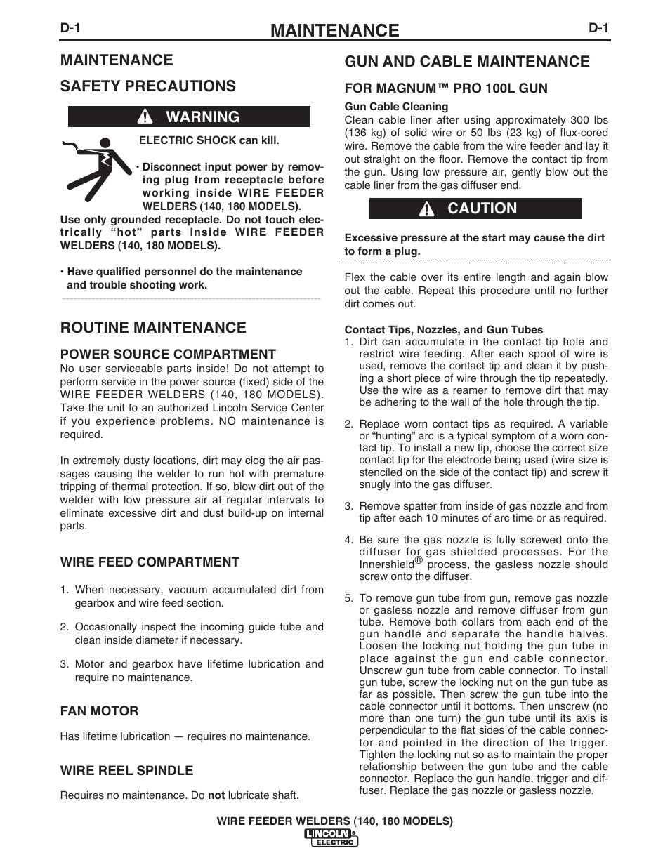 Maintenance, Maintenance safety precautions, Routine maintenance | Warning gun and cable maintenance, Caution | Lincoln Electric IMt10100 WIRE FEEDER WELDER 140_180 User Manual | Page 24 / 96