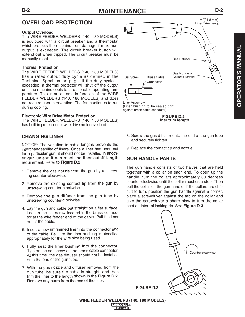 Maintenance, Overload protection, Opera t orʼs manual | Lincoln Electric IMt10100 WIRE FEEDER WELDER 140_180 User Manual | Page 25 / 96