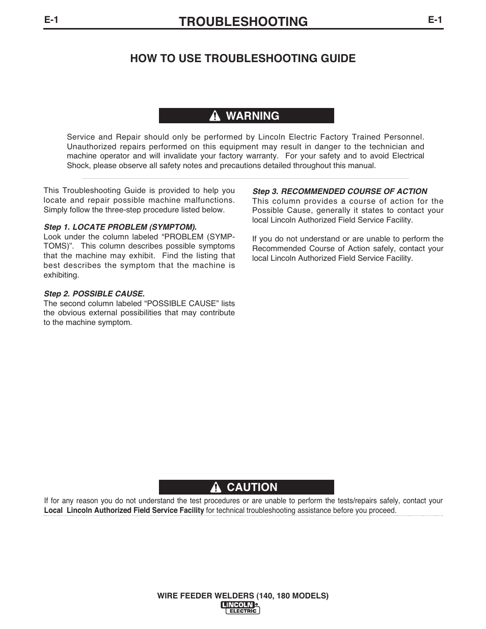 Troubleshooting, Caution, How to use troubleshooting guide | Warning | Lincoln Electric IMt10100 WIRE FEEDER WELDER 140_180 User Manual | Page 26 / 96