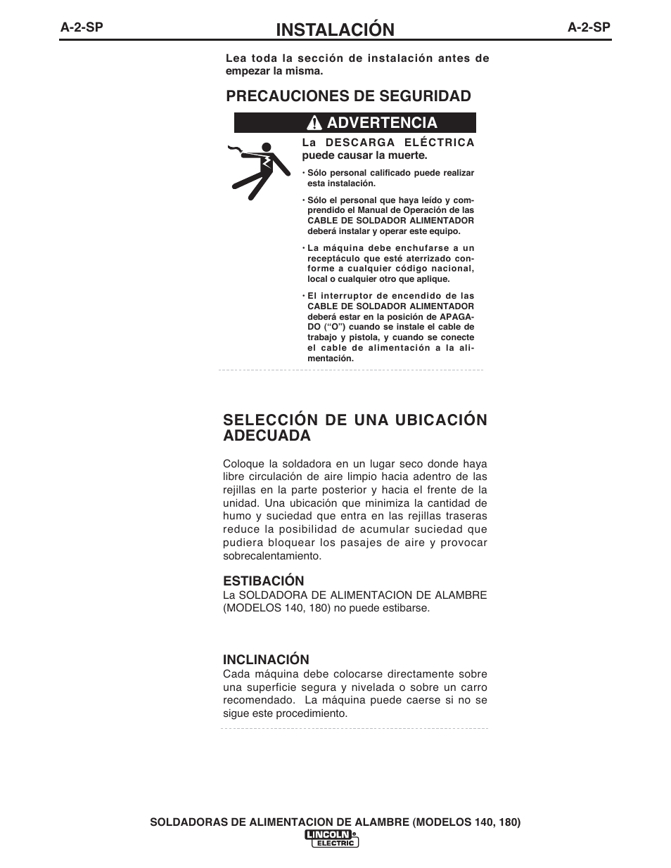 Instalación, Selección de una ubicación adecuada, Precauciones de seguridad | Advertencia | Lincoln Electric IMt10100 WIRE FEEDER WELDER 140_180 User Manual | Page 38 / 96