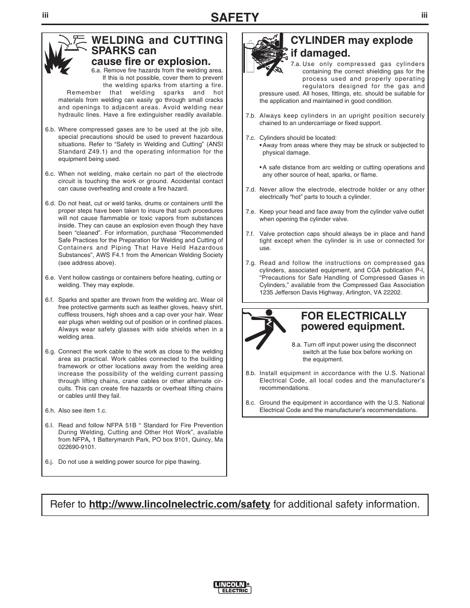 Safety, For electrically powered equipment, Cylinder may explode if damaged | Lincoln Electric IMt10100 WIRE FEEDER WELDER 140_180 User Manual | Page 4 / 96