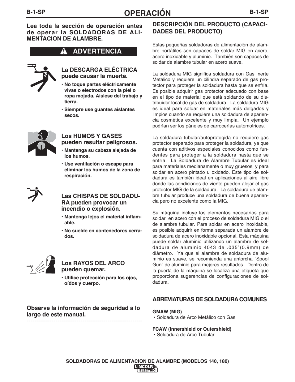 Operación, Advertencia | Lincoln Electric IMt10100 WIRE FEEDER WELDER 140_180 User Manual | Page 40 / 96