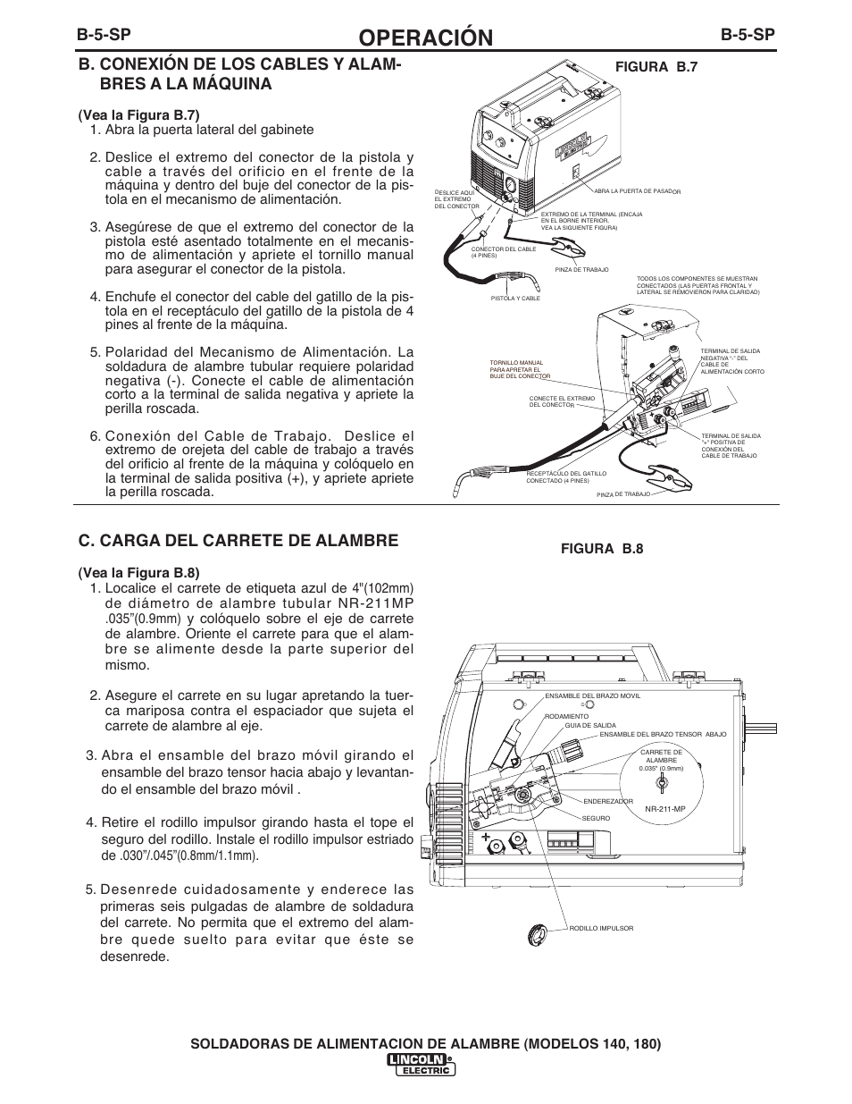 Operación, B-5-sp, C. carga del carrete de alambre | Lincoln Electric IMt10100 WIRE FEEDER WELDER 140_180 User Manual | Page 44 / 96