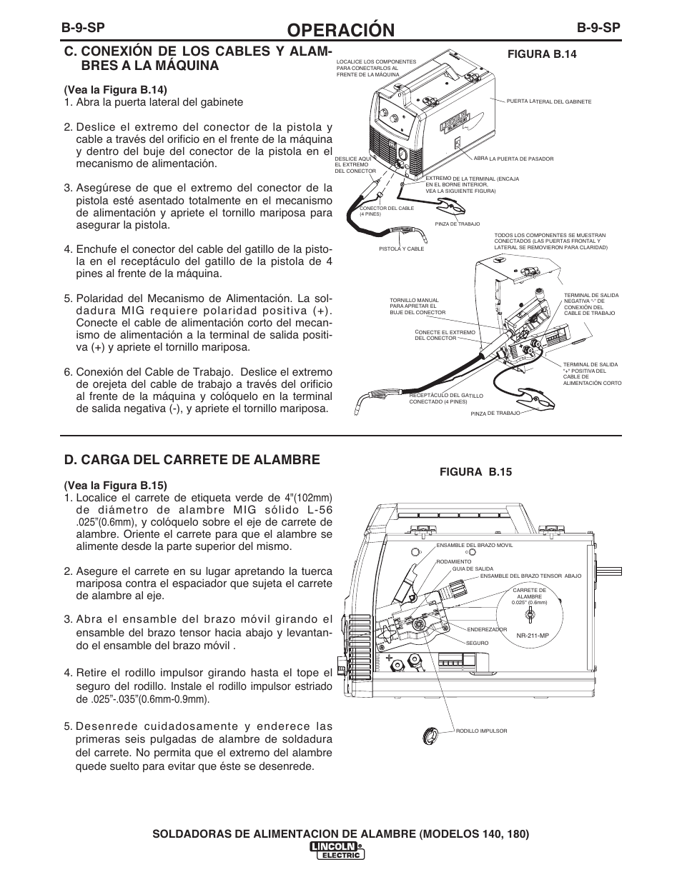 Operación, B-9-sp, D. carga del carrete de alambre | Lincoln Electric IMt10100 WIRE FEEDER WELDER 140_180 User Manual | Page 48 / 96