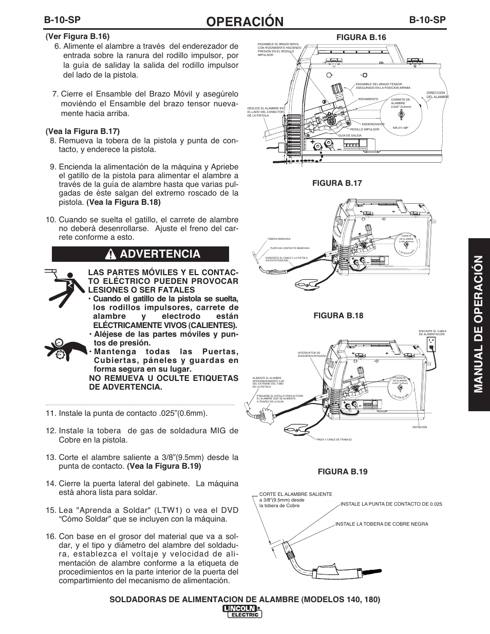 Operación, Advertencia manual de operación, B-10-sp | Lincoln Electric IMt10100 WIRE FEEDER WELDER 140_180 User Manual | Page 49 / 96