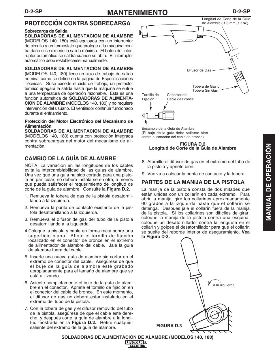 Mantenimiento, Protección contra sobrecarga, Manual de operación | Lincoln Electric IMt10100 WIRE FEEDER WELDER 140_180 User Manual | Page 55 / 96