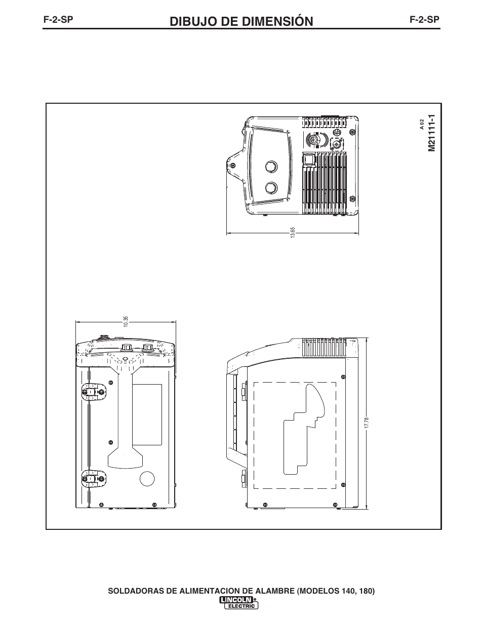 Dibujo de dimensión, F-2-sp | Lincoln Electric IMt10100 WIRE FEEDER WELDER 140_180 User Manual | Page 60 / 96