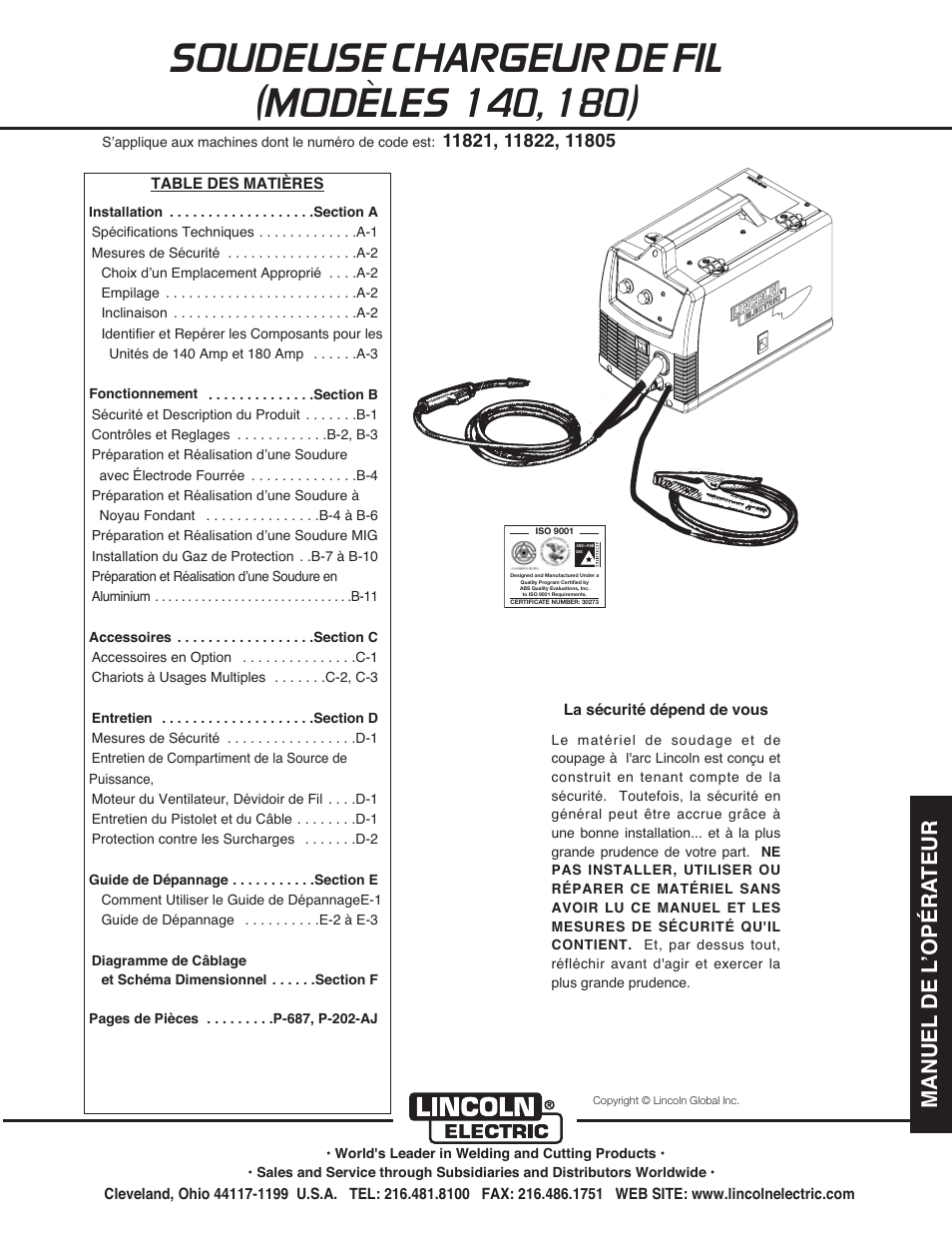 Manuel de l ʼopéra teur | Lincoln Electric IMt10100 WIRE FEEDER WELDER 140_180 User Manual | Page 61 / 96