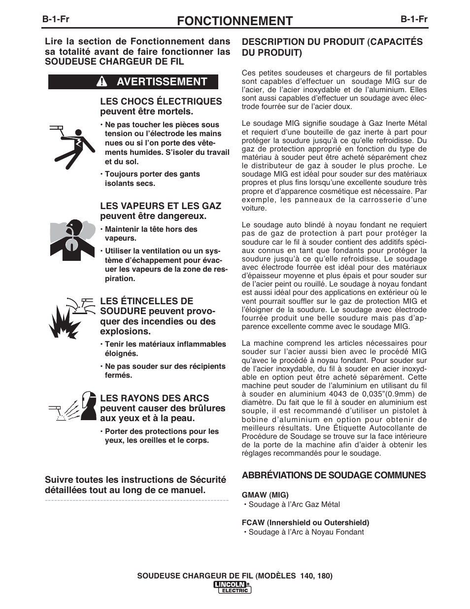 Fonctionnement, Avertissement | Lincoln Electric IMt10100 WIRE FEEDER WELDER 140_180 User Manual | Page 70 / 96