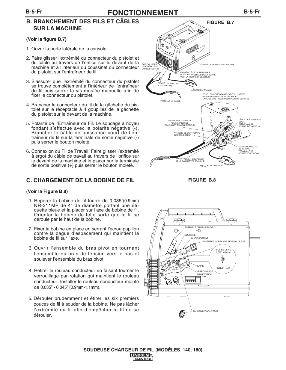 Fonctionnement, B-5-fr, B. branchement des fils et câbles sur la machine | C. chargement de la bobine de fil | Lincoln Electric IMt10100 WIRE FEEDER WELDER 140_180 User Manual | Page 74 / 96